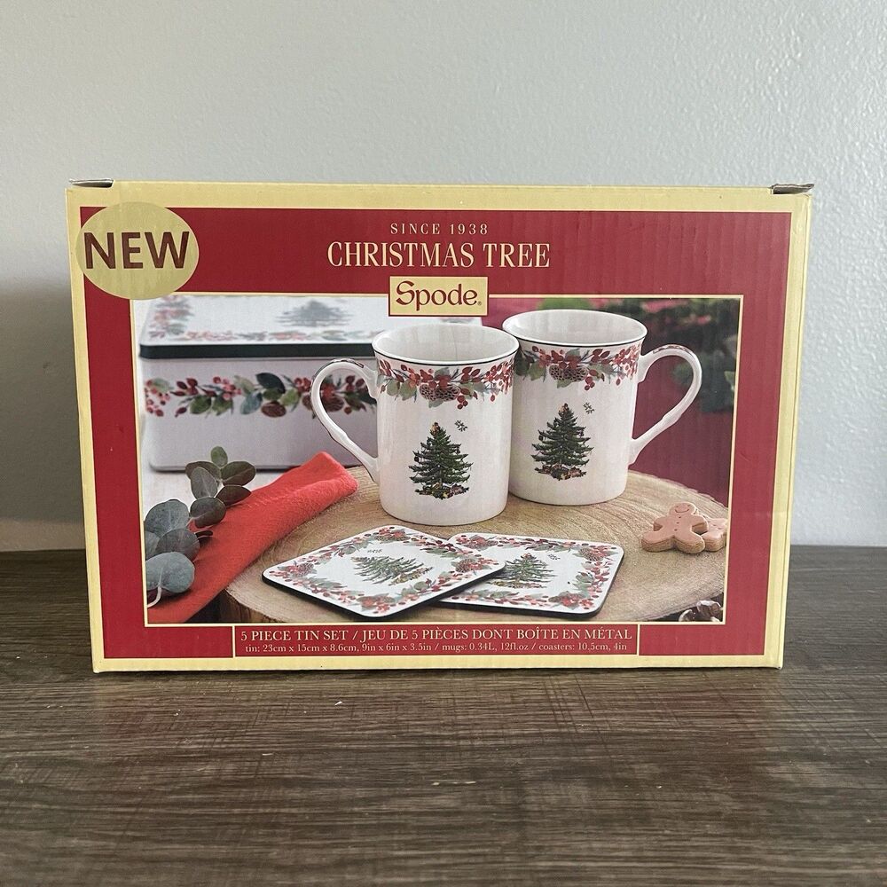 Spode Christmas Tree 2023 Annual 5 Piece Mug and Coaster Set W/ Tin Gift Box NEW